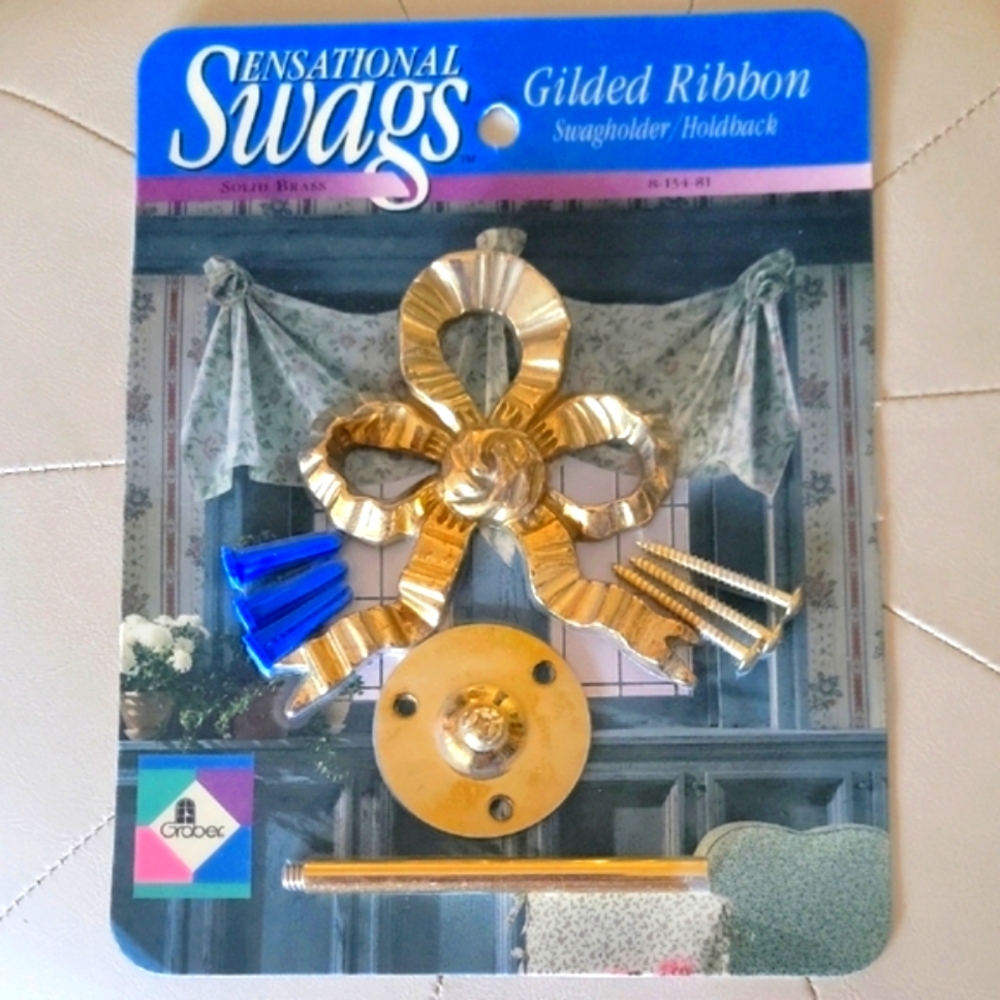 Brass 80s Ribbon Swag Curtain/ Valance Holder